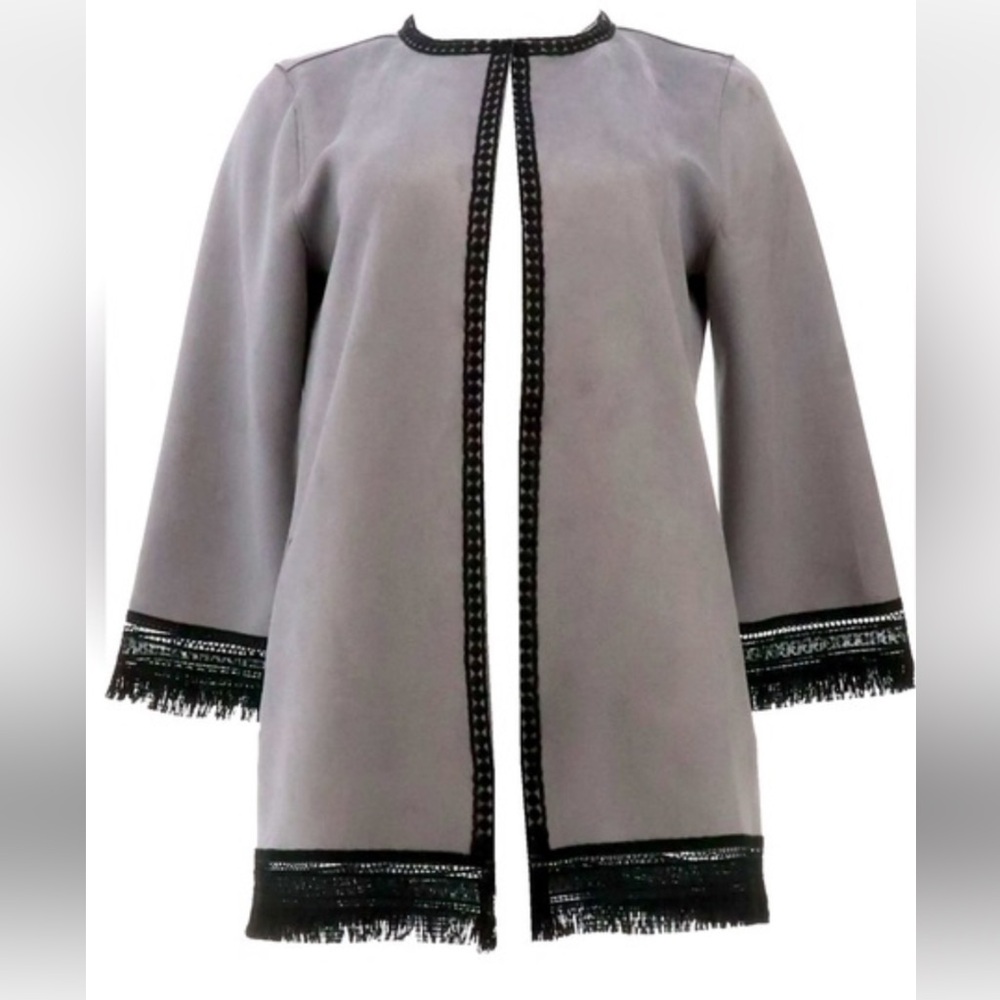 Colleen Lopez Gray Suede Topper Jacket W/Black Fringe Trim